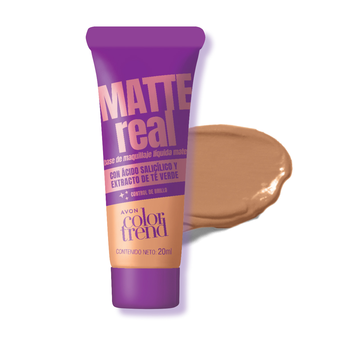 Base de Maquillaje L&iacute;quida Mate con &Aacute;cido Salic&iacute;lico y Extracto de T&eacute; Verde Color Trend Matte Real - 345N Beige Medio